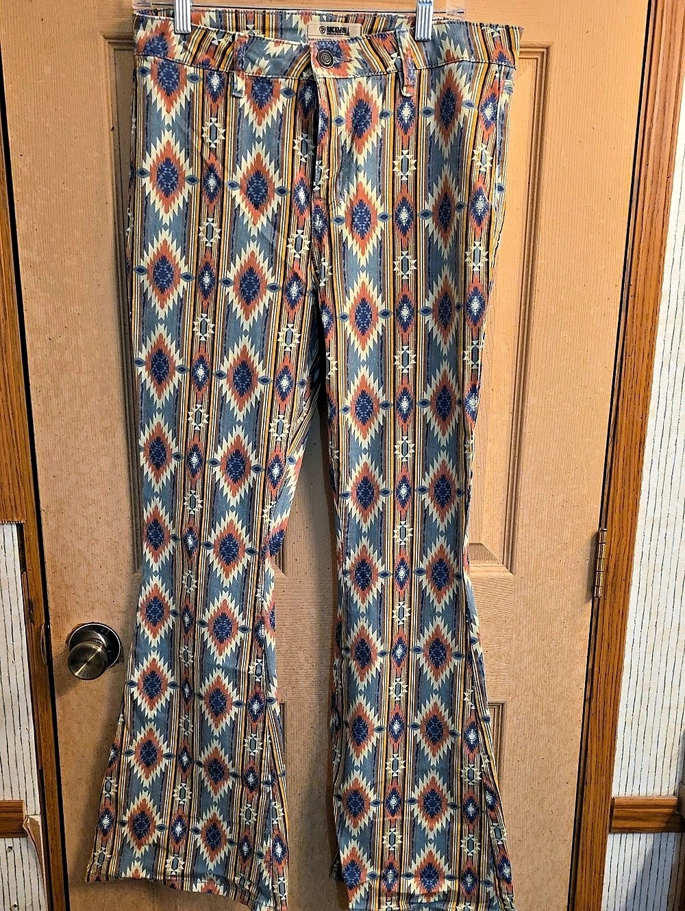 Rock & Roll Denim Bargain Button Flare Men's Geometric Flare Pants Blue & Orange